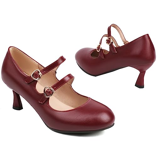 LEHOOR Women Kitten Heel Mary Jane Pumps Ankle Strap Round Closed Toe Dress Shoes 2 Inch Mid Heels Chic Two Heart-shaped Buckles Vintage Elegant Ladies Office Work Pumps Date Prom Party Size 4-15 M US2