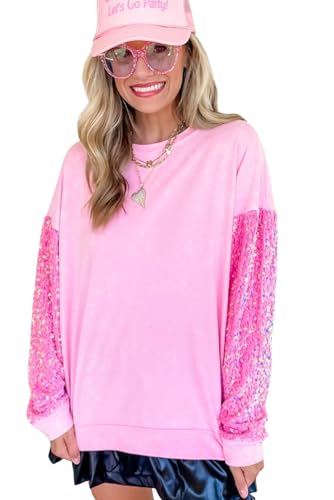 Women's Elegant Pink Sequin Patchwork Long Sleeve Pullover Top