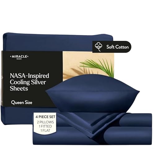 Miracle Made Breathable Cotton Bed Sheets, 4-Piece Set – Silver-Treated, Soft and Cool-to-The-Touch Lightweight Bedding Designed for Hot Sleepers – Queen Size, Navy Blue