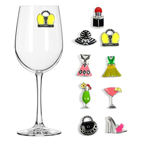 Cork & Leaf Fun and Functional Magnetic Wine Glass Charms for Stemless Glassware - Set of 9 Unique Designs, Perfect for Girls Night Out, Champagne Glasses and More - Includes Custom Gift Box