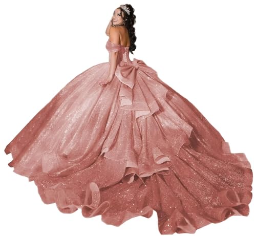 Zhangyo Glitter Tulle Quinceanera Dresses with Bow Ruffle Layered Sweet 16 Dress with Train Off Shoulder Bead Ball Gowns