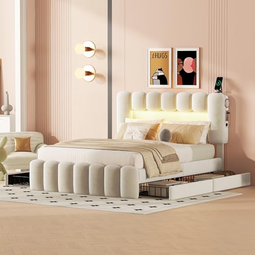 Merax Polsterbett 140x200cm mit LED-Beleuchtung & 4 Schubladen, Doppelbett mit Lattenrost und Höhenverstellbarem Kopfteil, Modern Bett mit USB und Stereoanlage, Samt, Jugendbett, ohne Matratze, Beige