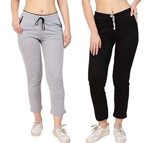 Image of Women's Cotton Track Pants (Grey & Black, Pack of 2)