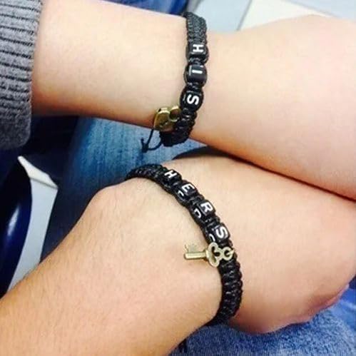 Image of AKOAK 2 Pcs HIS HERS Couple Braided Bracelet Padlock Key Pendant Hand Braided Lanyard Valentine's Day Gift Jewelry