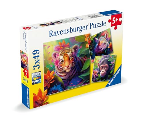 Ravensburger - Puzzle Enfant - Lot de 3 Puzzles 49 pièces - Les bébés de la Jungle - Fille ou garçon dès 5 Ans - Puzzle de qualité supérieure - 3 Posters Inclus - Animaux Sauvages - 05735