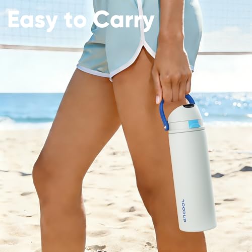 Image of Insulated Water Bottle with Straw - Encool Stainless Steel Water Bottle with Push Button Lid, Leak-Proof & BPA-Free, Keeps Cold for 24 Hours for Sports, Travel, Gym (24 oz, Quill Grey-Blue)