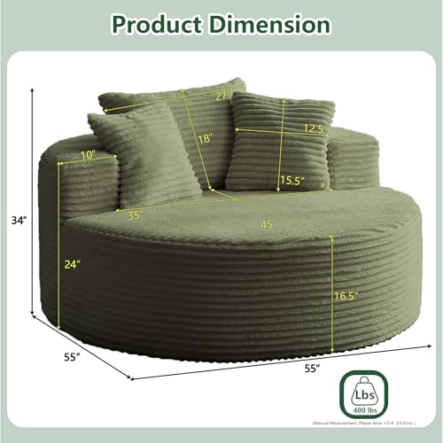 HZANHY 55''L Oversized Round Chaise Longue Chair Indoor, Corduroy Sponge Single Sofa, Oversized Round Chairs, Modern Sleeper Chair for Living Room,Projection Room, Wide Armrest Chairs Green