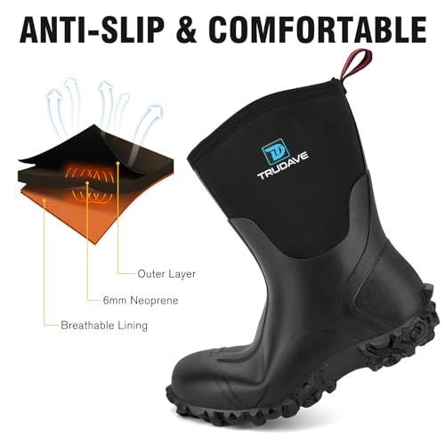 Image of Trudave Rubber Boots for Women with Steel Shank, 6mm Neoprene Mid Calf Rain Boots, Waterproof Insulated Mud Work Boots All Season, Size 5-11