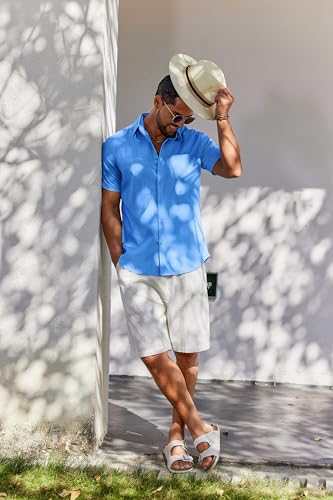 Image of COOFANDY Men's Button Down Short Sleeve Shirt Casual Cotton Summer Beach Wedding Linen Shirts with Pocket