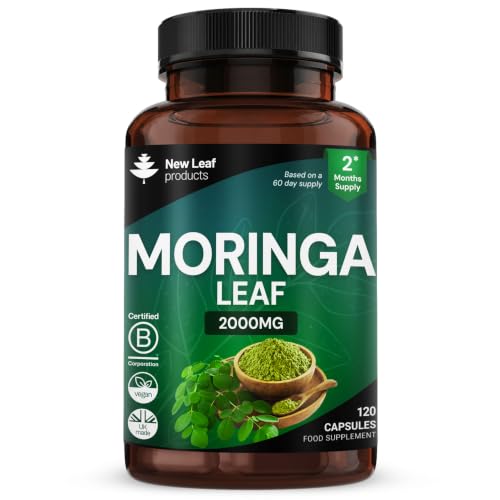 Moringa Leaf Capsules - High Strength Moringa Capsules 2000mg - Pure Vegan Extract & Powder - 120 (Two Months Supply) Enriched with Black Pepper by New Leaf