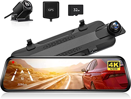 Image of WOLFBOX G930 4K 10 inch Rear View Mirror Camera, Dash Cam Front and Rear for Car with 32GB Card, Touch Screen Smart Rear View Mirror Backup Camera, Parking Monitor, Reverse Assist, GPS, Support 256GB Max