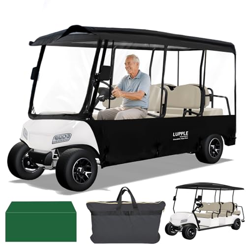 LUPPLE Universal 6 Passenger Golf Cart Enclosure Rain Cover for Yamaha Evolution Club Car Ezgo Long Roof 120 in, 6 Seater Driving Rain Cover with 4-Sided Roll-up Zipper Door Waterproof Windproof Black