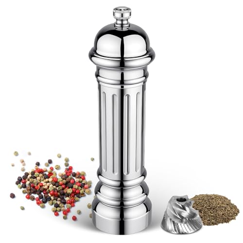 Metal Pepper Grinder with Stainless Steel Core, Heavy Duty High Output Pepper Mill with Adjustable Coarseness, All-Metal Construction, Refillable (Silver)