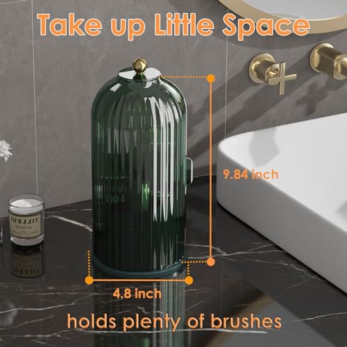 Image of YOOLENS Makeup Brush Holder with Lid 360 Rotating Clear Dustproof Make Up Organizers for Vanity Bathroom Countertop, Green