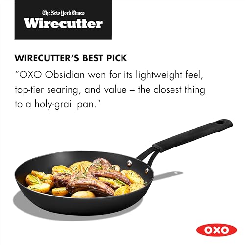Image of OXO Obsidian 10 inch Carbon Steel Frying Pan, Pre-Seasoned Skillet, Builds Natural Nonstick with Use, Induction Ready, Oven Safe, Removable Silicone Handle
