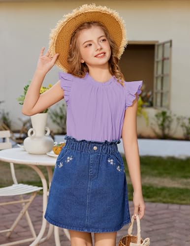 Image of Arshiner Girls Ruffle Short Sleeve Shirts Cute Summer Frill Neck Pleated Textured Blouse Tops