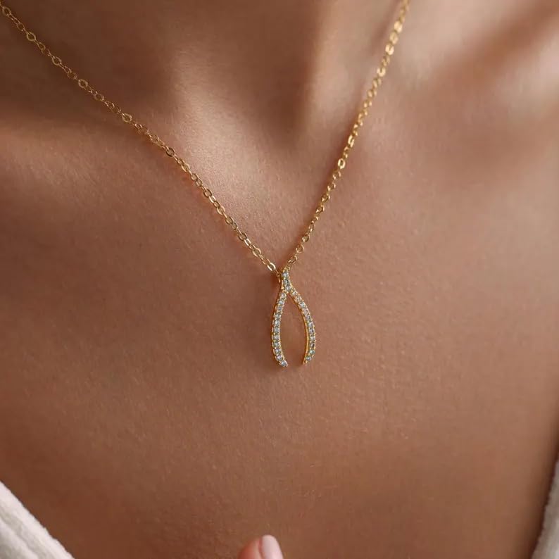 LIU JUN WishBone Necklace For Women, 14K Gold Plated Stack Two Layer Chain Make A Wish And Put On Your Good Luck Cubic Zirconia Inspirational Jewelry Gift - Image 6