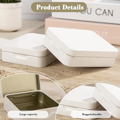 Image of HASTHIP 2Pcs Small Metal Tin Boxes with Lids - Rectangular Hinged Small Storage Box Flip up Accessories Organizer Containers for Candies, Chocolates, Hair Bands, Gifting, 9.3x7.5x2.6 Cm (White)