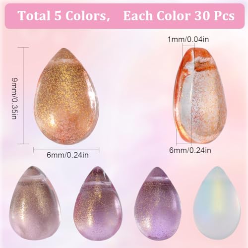 SUNNYCLUE 1 Box 150Pcs 5 Colors Glass Water Drop Beads Teardrop Bead Transparent Waterdrop with Glitter Powder Oval Colorful Loose Beads for Jewellery Making Bead Assortments DIY Bracelet Necklace - Image 2