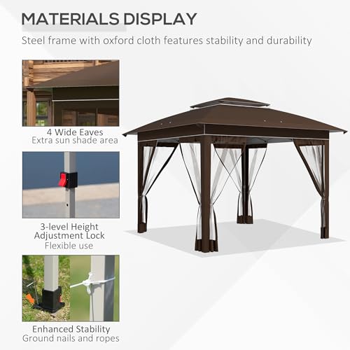 Outsunny 12' x 12' Pop Up Canopy Tent with Netting and Carry Bag, Instant Sun Shelter with 137 sq.ft Shade, Tents for Parties, Height Adjustable, for Outdoor, Garden, Patio, Dark Brown - Image 3