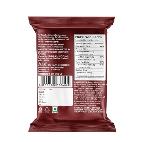 Image of Farmley Classic Date Bites I 20 gram I Dates Barfi Made with Dates, Pista , Cashews, Almonds, Honey and Pure Ghee I Dry Fruits Nuts, Healthy Sweets, Gluten Free, No Added Sugar 20g, Pack of 1, ApplePie DateBites