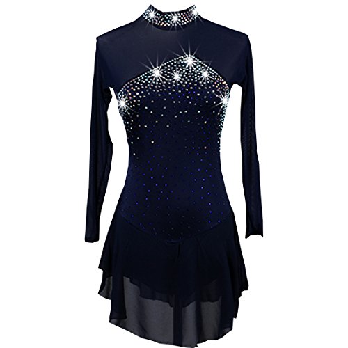 Women Rhinestone ice Skating Dress Long Sleeves(Navy Blue,XL)