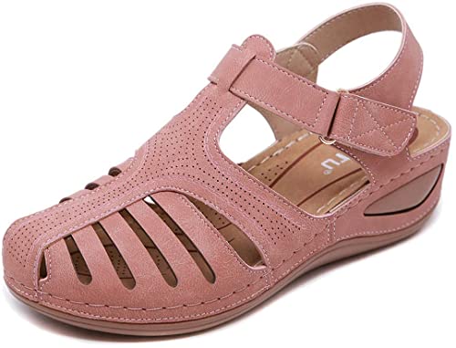 Sandales compensées femmes été : chaussures plateforme cuir à bout fermé rouge 36