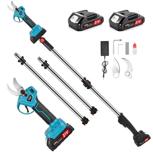 Sécateur Électrique Sans fil 35mm-2.6M Perche Télescopique-Secateur Electrique avec affichage LCD, 2 x 2.0 Ah Batteries, pour Jardinage, Vigne, Arbre...
