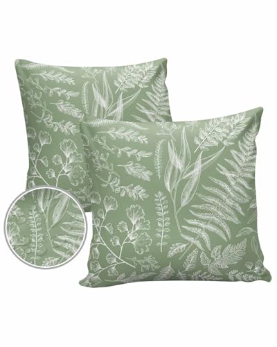 Sage Green Botanical Waterproof Outdoor Throw Pillow Covers 24''x24'' Pack 2, Pillow Cases Throw Cushion Cover with Hidden Zipper Spring Floral Summer Plants Washable Pillowcase for Poolside Sofa