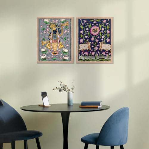 Image of kotart Traditional Indian Wall Art Painting Set of 2 | Kamdhenu Cow Design | MDF Wooden Framed Spiritual Wall Decor for Living Room, Pooja Room & Home (Art 7, 13x17 inch)
