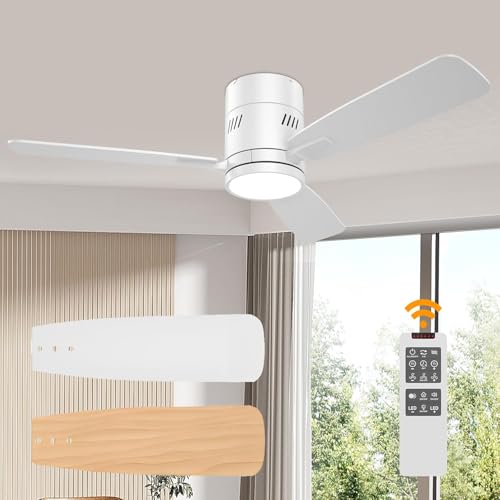 Ventilador de Techo con Luz 42” DC Silencioso, Aspas Reversibles Blanco/Madera, Luz LED Regulable con Temperatura de Color Ajustable, 6 Velocidades, y Mando, Temporizador, Memoria para Dormitorio Sal
