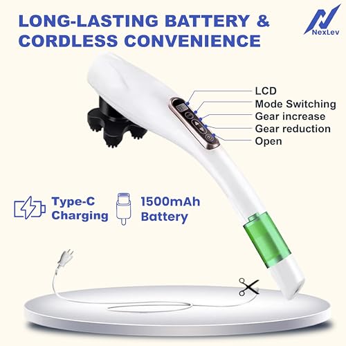 Image of NexLev Cordless Body Massager | Neck, Shoulder, Back, Legs & Thigh Pain Relief | 10 Intensity and 12 Modes | 8 Attachments | Deep Tissue Kneading for Complete Pain Relief | Charging Indicator | PM-01