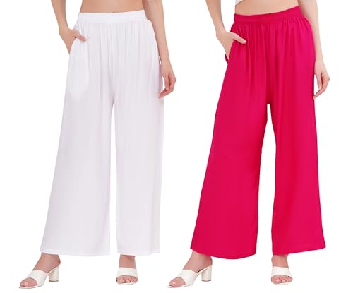 Image of Buy That Trendz Palazzo Pants for Women Cotton Rayon Elasticated Regular Fit Flared Wide Leg M to 6XL Pack of 2