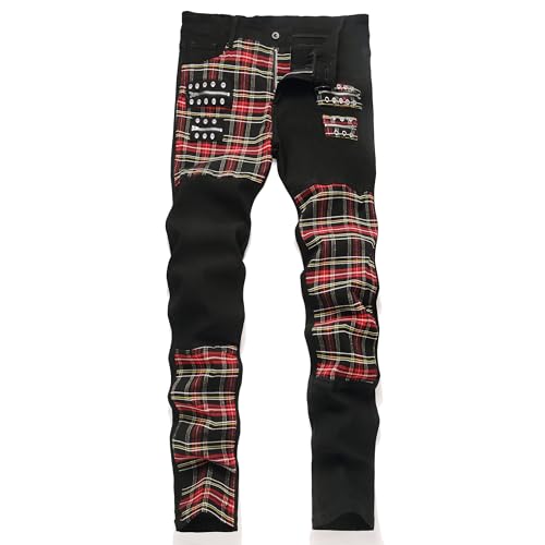 Men's Punk Style Distressed Denim Pants Straight Slim Fit Ripped Design with Metal Eyelets & Zip Accents Rocker Pants for Men