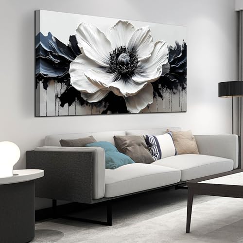 HUBOSKN Black and White Flower Wall Art for Bedroom - Large Canvas Wall Art Living Room - Floral Wall Decor for Teen Girls Size 29" x 59"