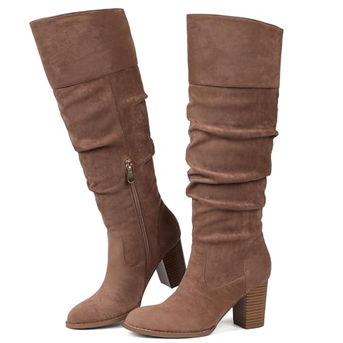 Erocalli Fall Knee-High Suede Boots Wide Calf Tall Boot for Women 2025 Round Toe High Heel Slouch Brown Winter Side Zipper