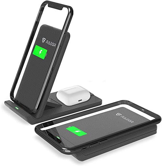 Ab-tech Arc 1100 [2-in-1] 10W+5W Wireless Charger Foldable Stand [with 2 Type-C Cables] 10W for iPhone 14/13/12/SE/11/X Series,8/8+, 7.5W-Galaxy Note 20/S23/S22/S20 Series, 5W for Qi-Enabled Phones