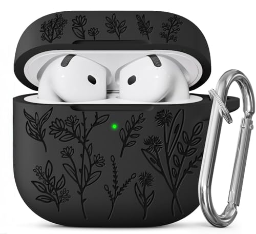 Image of Meyaar Silicone Case for AirPods 4 Floral Embossed, Flower Engraved Soft Silicone Cover with Keychain, Anti-Scratch, Shockproof Protective Case Cover (Black, for AirPods 4 (2024)