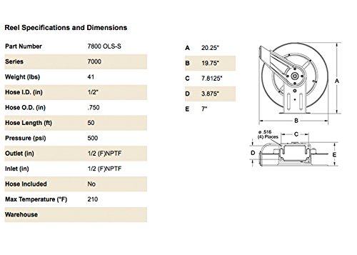 Reelcraft 7800 OLS-S Spring Retractable Stainless Steel Hose Reel, 50' Air/Water Hose Not Included