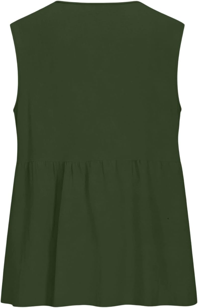Women's Sleeveless Cotton Linen Tank Top V Neck Button Front Casual Cami Blouse Loose Fit Summer Tops for Daily Wear
