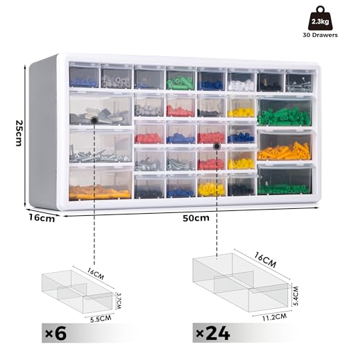 CraftGenes Schraubenaufbewahrungs-Organizer – Aufbewahrungsbox für Garage & Werkstatt mit 30 Schubladen mit verstellbaren Trennwänden, wandmontierbarer Werkzeugaufbewahrungs-Organizer (grau)