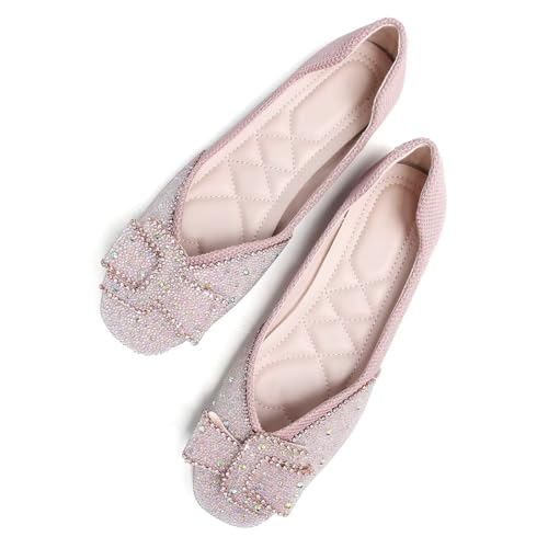Image of SAILING LU Women's Rhinestone Square Toe Bowknots Ballet Flats Loafers