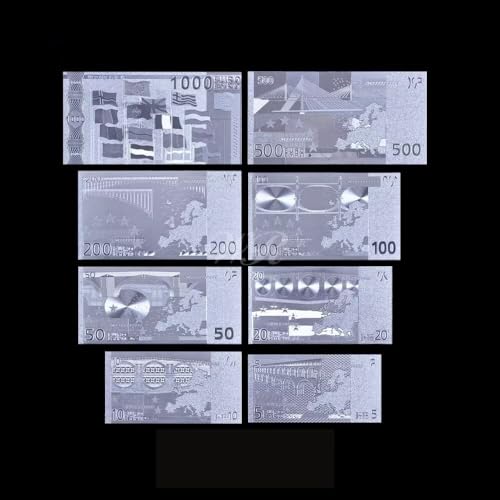 8PCS Silver Euro Bills Set Money, Souvenir Banknote 5/10/20/50/100/200/500/1000 Euro Bill, Set of Silver Commemorative Bills with Silver Foil