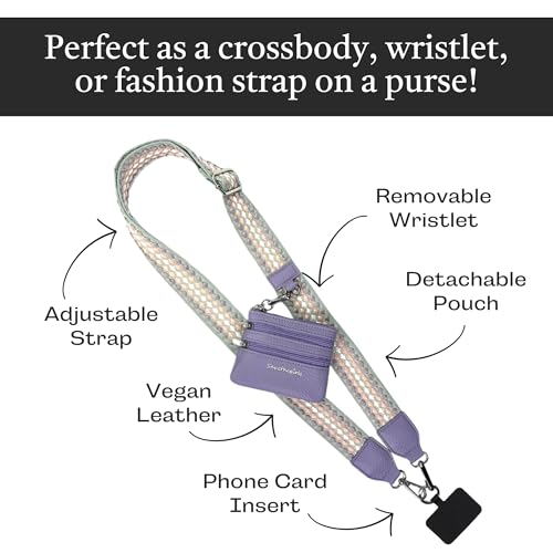 Image of Save the Girls Original Clip and Go Phone Strap Pattern (Fun Dots - Grey /Pink) - Crossbody Phone Strap Chain with Zipper Wallet Pouch - Phone Lanyard Zippered