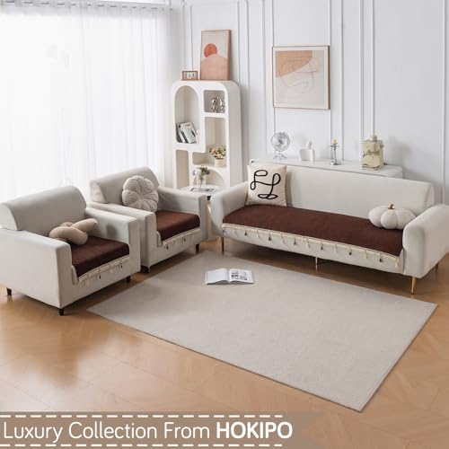 Image of HOKIPO 'Serenity Tassel' Chenille Sofa Cover 5 Seater Set with Tassels - Washable 3+1+1 Sofa Cover Mat | Chestnut Luke (IN-890 * 2 + IN-892 - BR)
