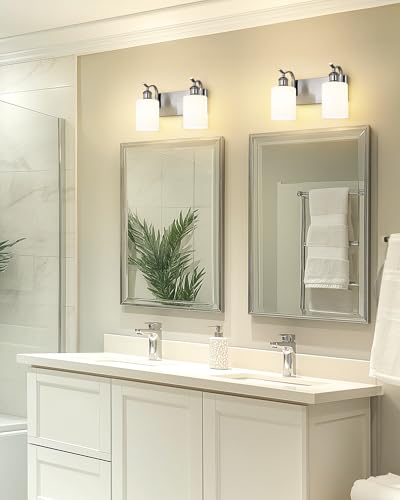 Image of Milk Glass Bathroom Light, 2-Light Vanity Light Fixture, Brushed Nickel Wall Sconce, VL01BNW-2