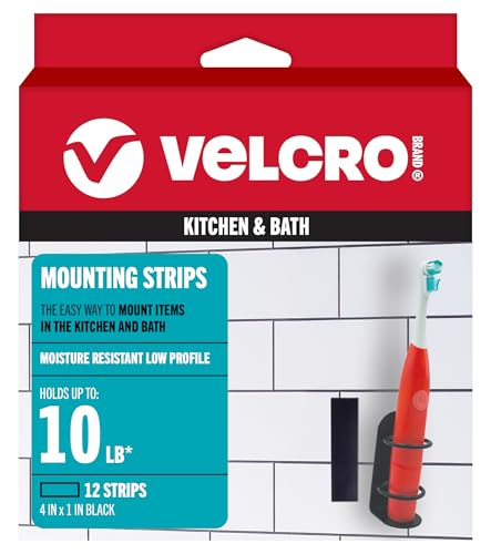 velcro brand kitchen and bath mounting strips moisture resistant for hanging shower caddy shelves bathroom decor 12pk strips holds 10 pounds easy peel and stick application black
