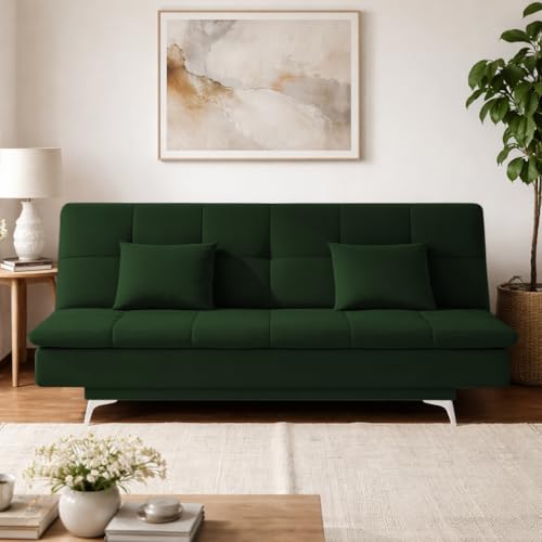 Adorn India Premium New Aspen 3 Seater Sofa Cum Bed 4X6 Velvet Suede with 2 Cushions (Color Green) and Suitable for All Indoor, with 3 Years Warranty