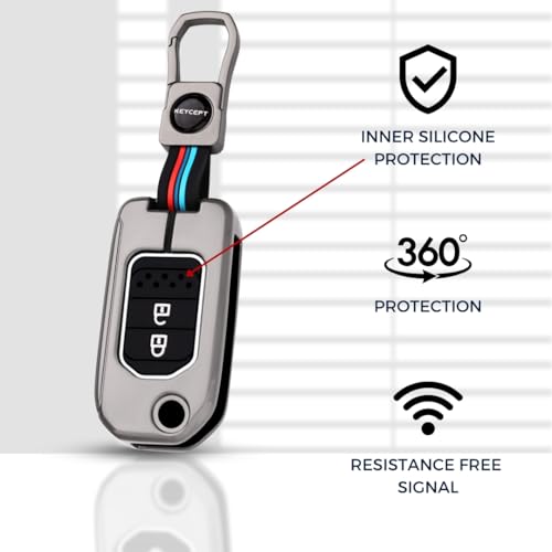 Image of KEYCEPT Metal Key Cover Compatible for Honda City, WR-V 2 Button Flip Key with Keychain (Short Keychain).