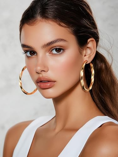 Image of Stainless Steel Chunky Hoop Earrings For Women, Minimalist and Chic, Black /Gold Plated, Round Hoops Earrings Hypoallergenic, Size: 30mm /40mm /60mm /80mm, Come with Box